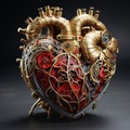 AI generated illustration of a metallic mechanical heart with intricate cogs on a dark backdrop Royalty Free Stock Photo
