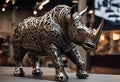 AI generated illustration of a metallic sculpture of a rhinoceros
