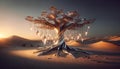 AI generated illustration of a metallic tree-like structure with hanging crystal leaves in the oasis Royalty Free Stock Photo