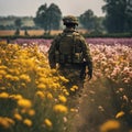 AI generated illustration of a military serviceman in the center of a vast meadow of wildflowers