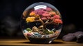 AI generated illustration of a miniature bonsai tree in a transparent glass bubble