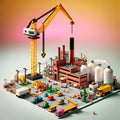 AI generated illustration of A miniature cityscape model with buildings and a crane on top
