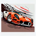 AI-generated illustration of a minimalistic orange sportscar sketch on a stripy background