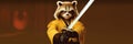 AI generated illustration of a mischievous raccoon with a sword held confidently in its hands