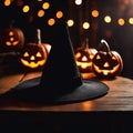 AI generated illustration of a mischievous witch's hat on a rustic wooden table