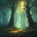 AI generated illustration of a misty forest path illuminated by enchanting fireflies