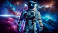 AI generated illustration of a model dressed as an astronaut, floating in a space environment