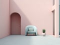 AI generated illustration of a modern blue armchair in an empty room with a striking pink wall
