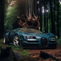 AI generated illustration of a modern blue car in a forest