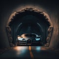 AI generated illustration of a modern blue car in a tunnel
