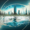 AI generated illustration of A cityscape is mirrored in the tranquil waters of a reflective pool Royalty Free Stock Photo