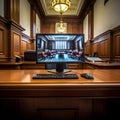 AI generated illustration of a modern computer sits on a wooden desk in a court