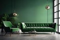 AI generated illustration of modern, contemporary styled living room featuring a plush green sofa Royalty Free Stock Photo