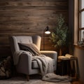 AI generated illustration of a modern, cozy armchair with blankets at a lit lamp Royalty Free Stock Photo