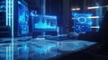 AI generated futuristic data analytics workstation with holographic dashboards Royalty Free Stock Photo