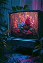 AI generated illustration of a modern flat screen TV in a lush tropical setting Royalty Free Stock Photo