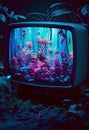 AI generated illustration of a modern flat screen TV in a lush tropical setting Royalty Free Stock Photo
