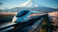 AI generated illustration of a modern train travelling along a track with a snow-capped mountain Royalty Free Stock Photo