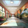the hallways in a hospital with colorful murals on it and green plants