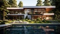 AI generated illustration of a modern house with a swimming pool and outdoor patio Royalty Free Stock Photo