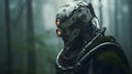 AI generated illustration of a modern, humanoid robot in a shadowy woodland