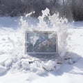 AI generated illustration of a modern laptop computer placed in a snowy landscape Royalty Free Stock Photo