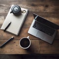 AI generated illustration of a modern laptop computer resting atop a rustic wooden desk