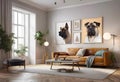 AI generated illustration of a modern living room with hardwood floors, beige sofa and artworks Royalty Free Stock Photo