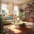 AI generated illustration of a modern living room interior featuring a cozy cream-colored couch