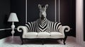 AI generated illustration of a modern living room interior with a unique black and white zebra sofa