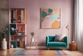 AI generated illustration of a modern living room with soft pink walls and hardwood floors Royalty Free Stock Photo