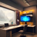 AI generated illustration of a modern office interior with a spacious desk with a computer monitor