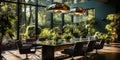 AI generated illustration of a modern office space with plenty of natural light and lush plants