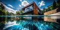 AI generated illustration of a modern residential house with a large pool