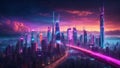 AI generated illustration of a modern sci-fi cityscape with towering futuristic skyscrapers Royalty Free Stock Photo