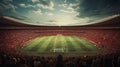 AI generated illustration of a modern soccer stadium illuminated by stadium lights during a game