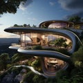 AI-generated illustration of a modern spiral-shaped house on a mountain surrounded by lush trees