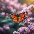 AI-generated illustration of a monarch butterfly floating around pink flowers Royalty Free Stock Photo