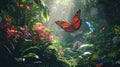 a monarch butterfly is flying in the rainforest to catch nectars