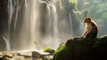 AI generated illustration of a monkey atop a large rock in front of a majestic waterfall Royalty Free Stock Photo
