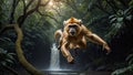 AI generated illustration of a monkey mid-jump in a lush jungle environment, in front of a waterfall Royalty Free Stock Photo
