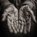 AI generated illustration of monochrome close-up of an elderly person's hands