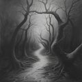 AI generated illustration of a Monochrome image of a dark forest path lined with dry trees Royalty Free Stock Photo