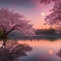 AI generated illustration of the moon rising behind pink blossom trees in the distance Royalty Free Stock Photo