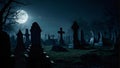 AI-generated illustration of the moon shining above a creepy cemetery at night