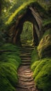 AI generated illustration of moss-covered stairs leading to an arch in a forest Royalty Free Stock Photo