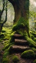 AI generated illustration of moss-covered stairs leading to a tree in a forest Royalty Free Stock Photo