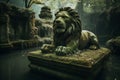 AI generated illustration of a mossy stone sculpture of a majestic lion in an abandoned city