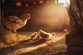 AI generated illustration of a mother chicken and her chicks feed on hay amidst a rustic barn