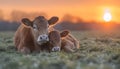 AI-generated illustration of the mother cow with its calf resting in a green field Royalty Free Stock Photo